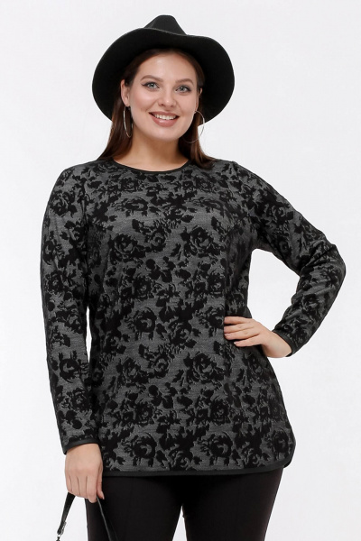 Джемпер жаккардовый с длинным рукавом, на каждый день La rouge 3349 серый-(розы) - фото 1
