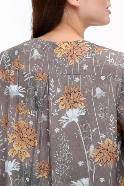 Блуза с кокеткой и разрезами, демисезон La rouge 6281 кофейный-(цветы) - фото 8