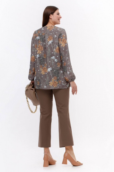 Блуза с кокеткой и разрезами, демисезон La rouge 6281 кофейный-(цветы) - фото 4