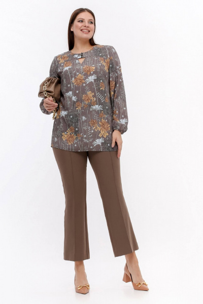 Блуза с кокеткой и разрезами, демисезон La rouge 6281 кофейный-(цветы) - фото 2