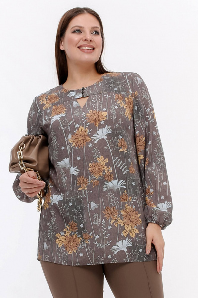Блуза с кокеткой и разрезами, демисезон La rouge 6281 кофейный-(цветы) - фото 1