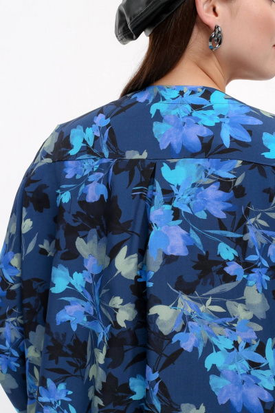 Блуза с кокеткой и разрезами, синий, демисезон La rouge 6281 синий-(цветы) - фото 9