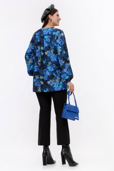 Блуза с кокеткой и разрезами, синий, демисезон La rouge 6281 синий-(цветы) - фото 5