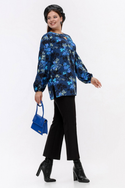Блуза с кокеткой и разрезами, синий, демисезон La rouge 6281 синий-(цветы) - фото 4