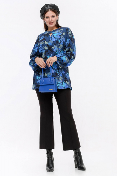 Блуза с кокеткой и разрезами, синий, демисезон La rouge 6281 синий-(цветы) - фото 3