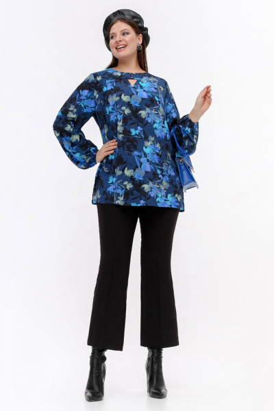 Блуза с кокеткой и разрезами, синий, демисезон La rouge 6281 синий-(цветы) - фото 2