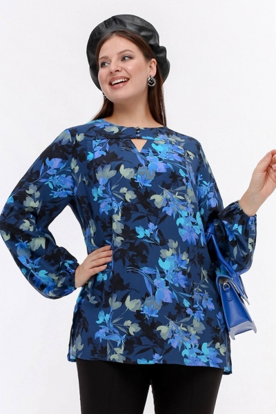 Блуза с кокеткой и разрезами, синий, демисезон La rouge 6281 синий-(цветы) - фото 1