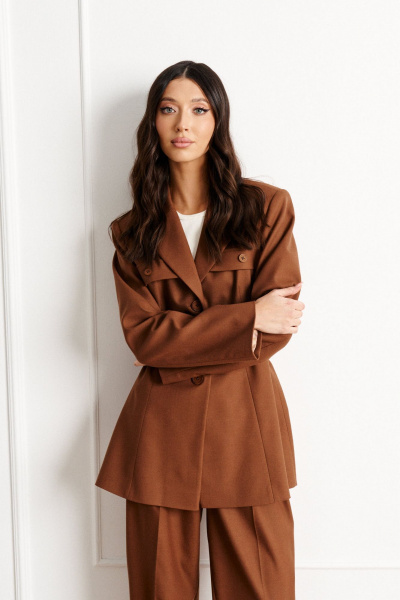 Классический коричневый жакет с поясом и карманами ANNETE A5257 - фото 2