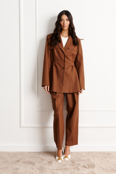 Классический коричневый жакет с поясом и карманами ANNETE A5257 - фото 1