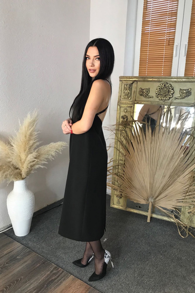 Круглогодичное черное платье миди с открытой спинкой AVEEVA 5134 - фото 3