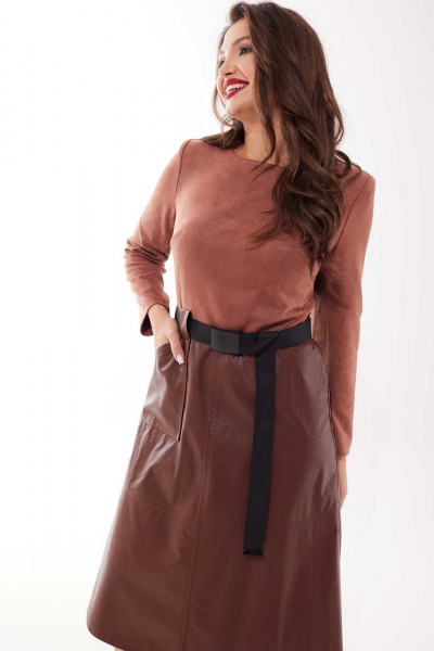 Платье с комбинированным дизайном и нагрудными вытачками Mislana 812 коричневый - фото 4