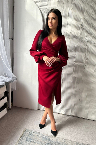 Миди драпированное платье на запах с длинным рукавом AVEEVA 5142 бордо - фото 1