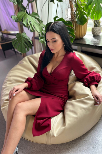 Миди драпированное платье на запах с длинным рукавом AVEEVA 5142 бордо - фото 3