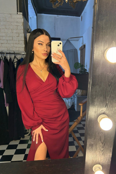 Миди драпированное платье на запах с длинным рукавом AVEEVA 5142 бордо - фото 2