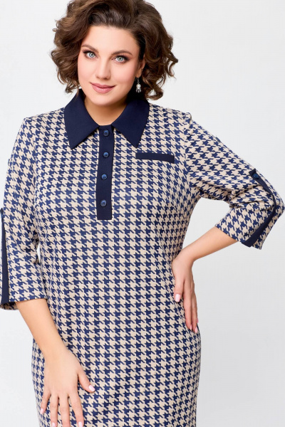 Платье из трикотажа с горловиной и пуговицами Swallow 697 сине-бежевая_гусиная_лапка - фото 8