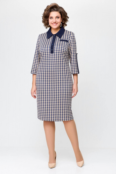 Платье из трикотажа с горловиной и пуговицами Swallow 697 сине-бежевая_гусиная_лапка - фото 7