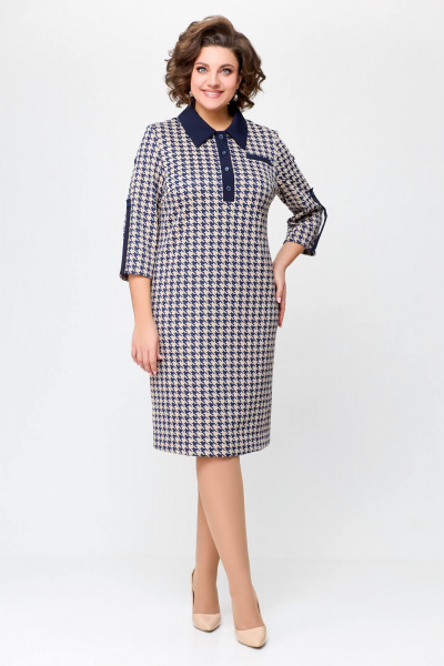 Платье из трикотажа с горловиной и пуговицами Swallow 697 сине-бежевая_гусиная_лапка - фото 1