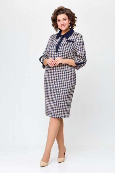 Платье из трикотажа с горловиной и пуговицами Swallow 697 сине-бежевая_гусиная_лапка - фото 5