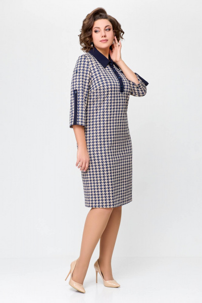 Платье из трикотажа с горловиной и пуговицами Swallow 697 сине-бежевая_гусиная_лапка - фото 4