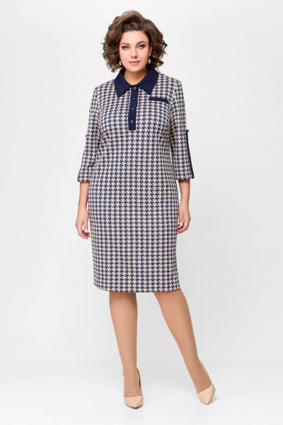 Платье из трикотажа с горловиной и пуговицами Swallow 697 сине-бежевая_гусиная_лапка - фото 2