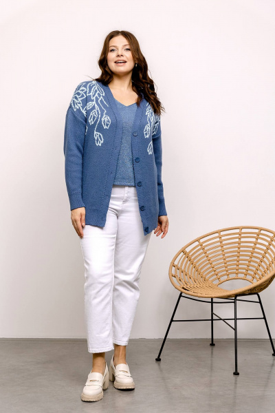 Синий кардиган с цветами и V-образным воротом Romgil РВ0031-ХЛ2 индиго,бледно-голубой - фото 4