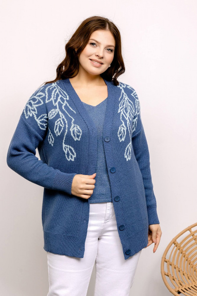 Синий кардиган с цветами и V-образным воротом Romgil РВ0031-ХЛ2 индиго,бледно-голубой - фото 1