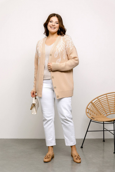 Бежевый кардиган с магнолиями и рукавами на ластик Romgil РВ0031-ХЛ2 крем-брюле,молочный - фото 3