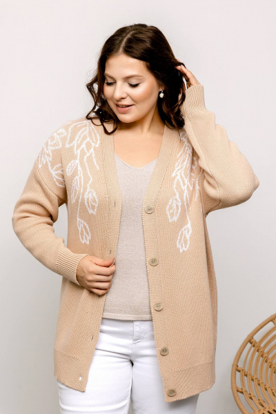 Бежевый кардиган с магнолиями и рукавами на ластик Romgil РВ0031-ХЛ2 крем-брюле,молочный - фото 1
