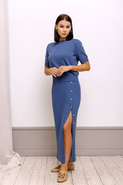 Юбка из хлопкового трикотажа с высокой посадкой и имитацией плиссе Romgil РВ0039-ХЛ2 индиго - фото 1