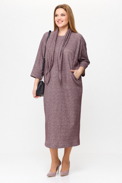 Демисезонное платье из трикотажа с разрезом и шарфом-украшением Michel chic 2157 бордовый,блеск - фото 4