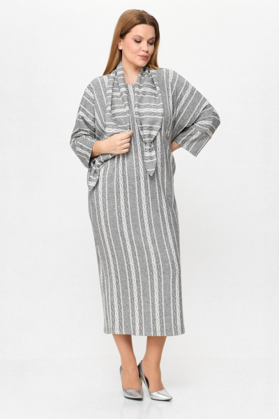 Бохо-платье из вискозы и трикотажа с карманами и разрезом Michel chic 2157 серый,белый - фото 1