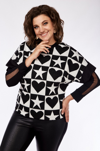 Комбинированные брюки, джемпер и жакет из текстиля и экокожи Grace for you 156 черный+белый - фото 2