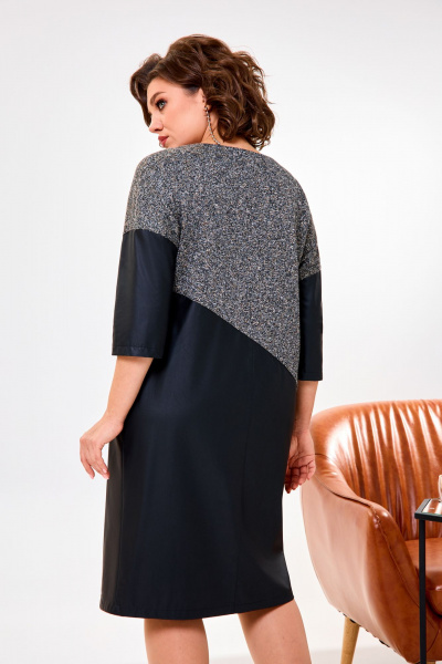 Платье на каждый день из трикотажа и эко-кожи с шлицей и рукавом 3/4 AGATTI 5263 черный_золото - фото 3