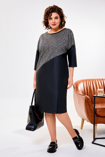 Платье на каждый день из трикотажа и эко-кожи с шлицей и рукавом 3/4 AGATTI 5263 черный_золото - фото 1