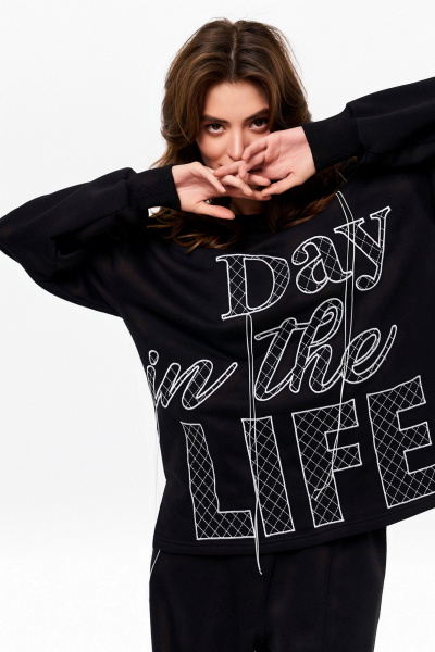 Брюки и кардиган из трикотажа с вышивкой и резинкой на талии KaVaRi 8019 черный - фото 5