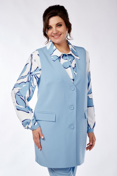Комплект блуза брюки жилет из вискозы деловой стиль Элль-стиль 2274 голубой/белый - фото 11