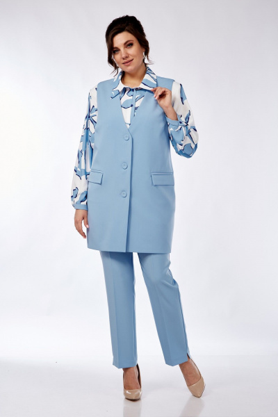 Комплект блуза брюки жилет из вискозы деловой стиль Элль-стиль 2274 голубой/белый - фото 7