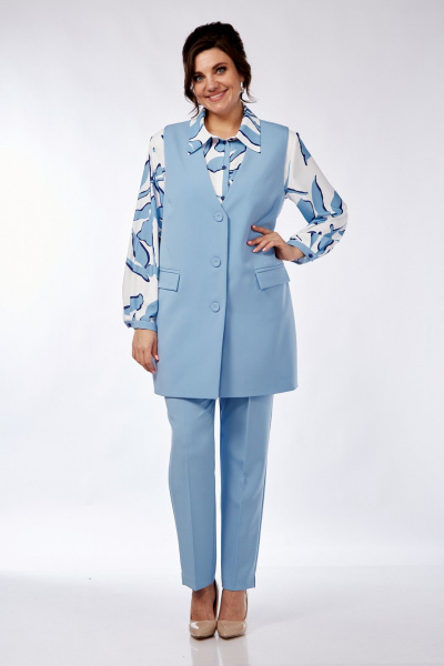Комплект блуза брюки жилет из вискозы деловой стиль Элль-стиль 2274 голубой/белый - фото 5