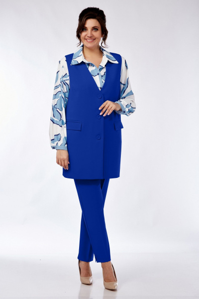 Блуза, брюки, жилет Элль-стиль 2274.1 василек/белый - фото 1