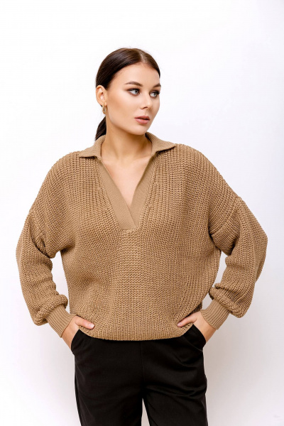 Женский джемпер вязаный рубашечного стиля Romgil 690ПТЗ светло-коричневый - фото 1