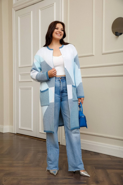 Голубой вязаный кардиган из хлопка для повседневной одежды Romgil РВ0013-ХЛ2 бледно-голубой,индиго,белый - фото 7
