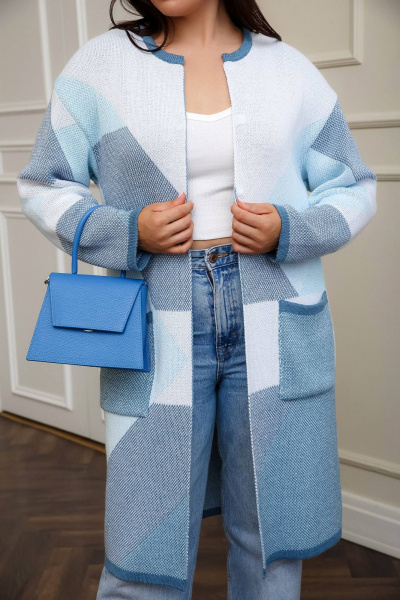 Голубой вязаный кардиган из хлопка для повседневной одежды Romgil РВ0013-ХЛ2 бледно-голубой,индиго,белый - фото 3