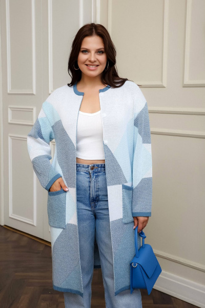 Голубой вязаный кардиган из хлопка для повседневной одежды Romgil РВ0013-ХЛ2 бледно-голубой,индиго,белый - фото 1