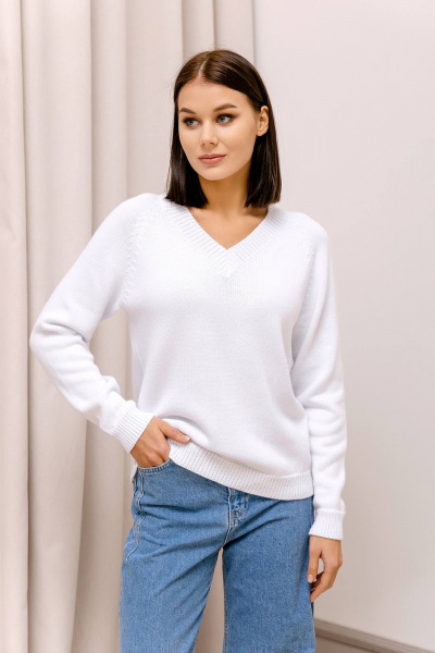 Белый вязаный джемпер с V-образным вырезом и длинным рукавом Romgil РВ0016-ХЛ2 белый - фото 6