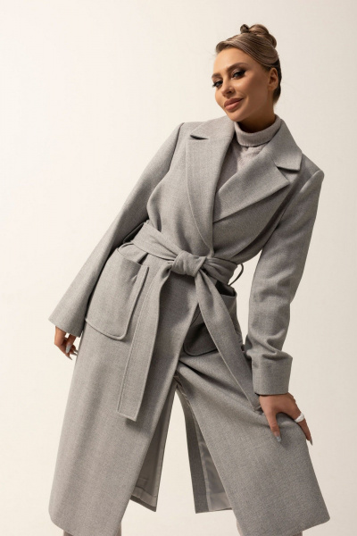 Пальто с двубортной застежкой и съемным поясом из текстиля Golden Valley 7149 серый - фото 2
