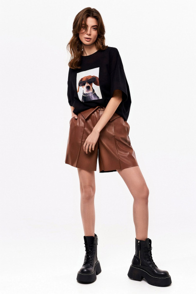 Демисезонные шорты из экокожи с карманами и разрезом KaVaRi 3008.1 коричневый - фото 11