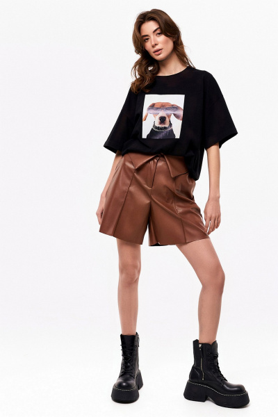 Демисезонные шорты из экокожи с карманами и разрезом KaVaRi 3008.1 коричневый - фото 10