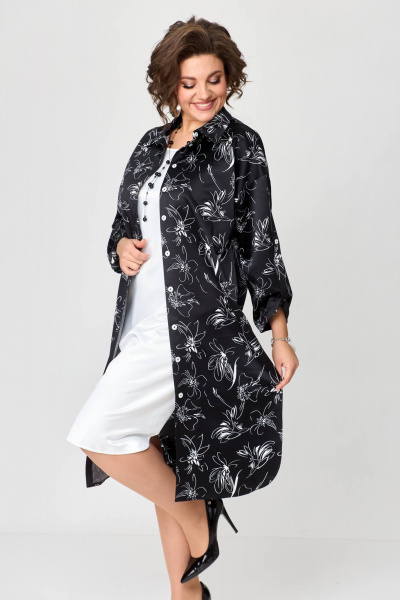 Нарядное платье-рубашка с рукавом 3/4 и плотным атласом Solomeya Lux 961 мелкие_цветы_с_белым - фото 3