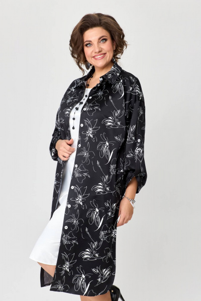 Нарядное платье-рубашка с рукавом 3/4 и плотным атласом Solomeya Lux 961 мелкие_цветы_с_белым - фото 2