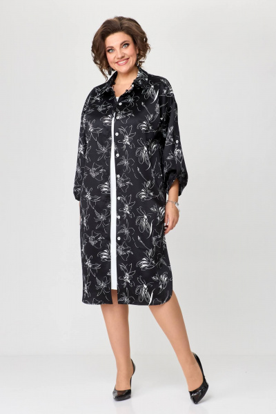 Нарядное платье-рубашка с рукавом 3/4 и плотным атласом Solomeya Lux 961 мелкие_цветы_с_белым - фото 1